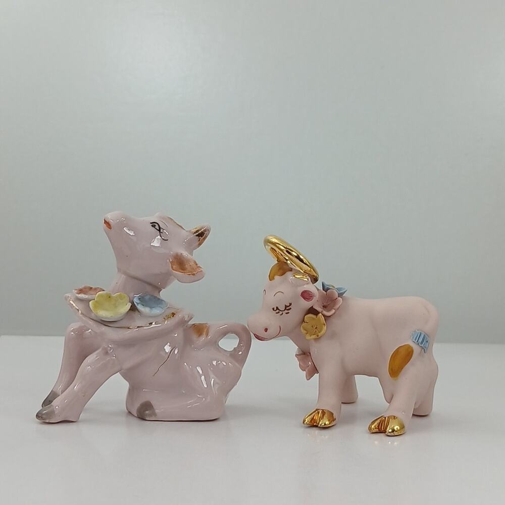 Vintage 1950s Pink Gold Holy Cow Hagen Renaker & Napco Flower Cow Figurines